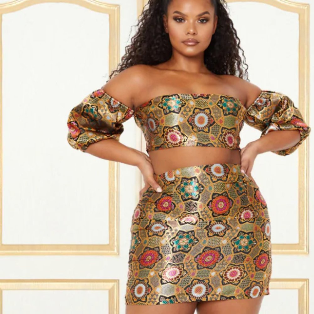 Gold Jacquard Bodycon Skirt Set
